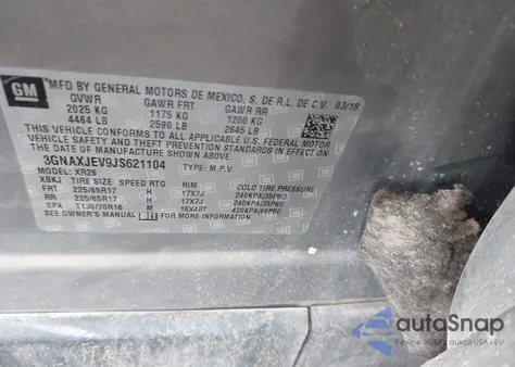 2018 Chevrolet Equinox Lt из США, поврежденный, VIN 3GNAXJEV9JS621104